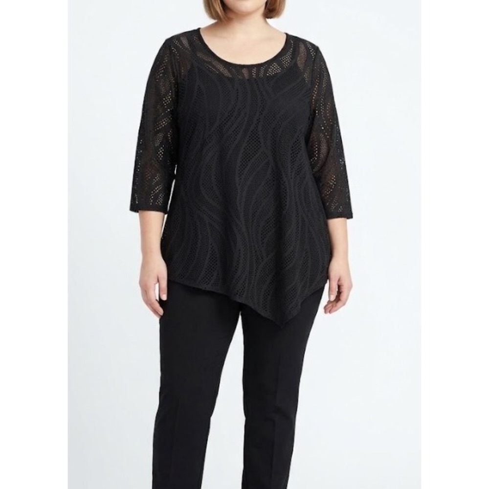 Clara Sun Woo Top XL Black Laser Cut Asymmetric 3/4 Sleeve Stretch Artsy